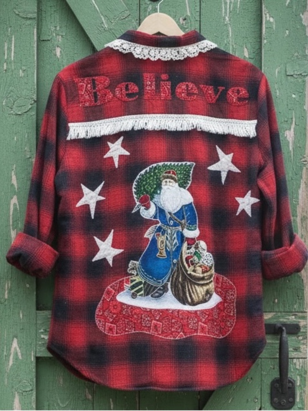 Christmas Flannel Upcycled Shirt Vintage Western Santa Lace Stars Patchwork